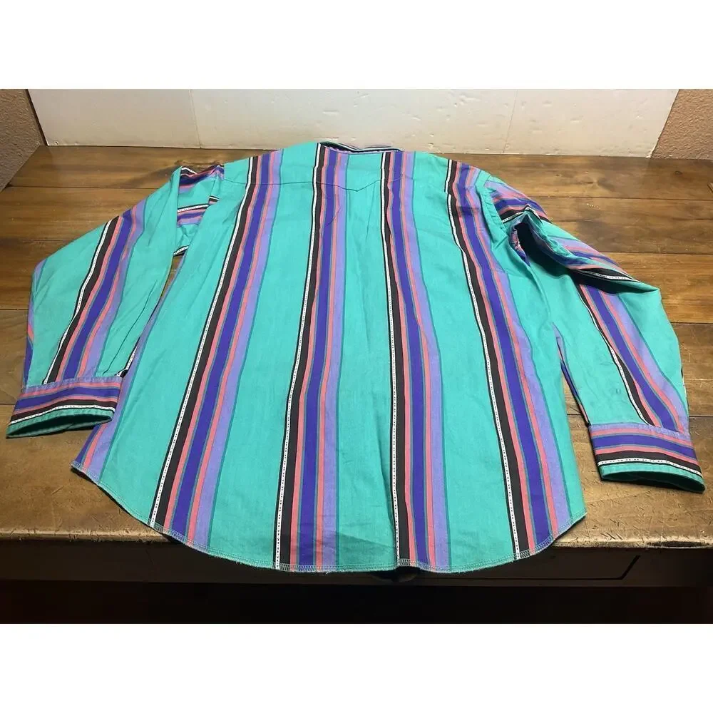 Vintage Wrangler Brushpopper Western Striped Button Up X-Long Tails 17x36 USA